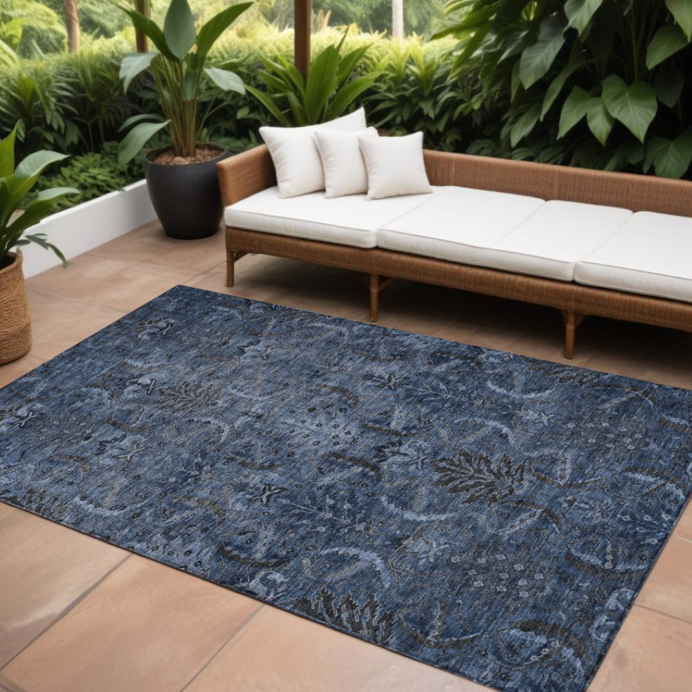 HomeRoots 9' X 12' Navy Blue Charcoal Damask Area Rug - Durable, Washable, Elegant for Indoor & Outdoor Use! 603327