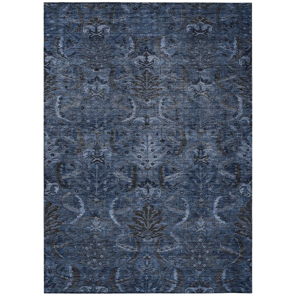 HomeRoots 9' X 12' Navy Blue Charcoal Damask Area Rug - Durable, Washable, Elegant for Indoor & Outdoor Use! 603327