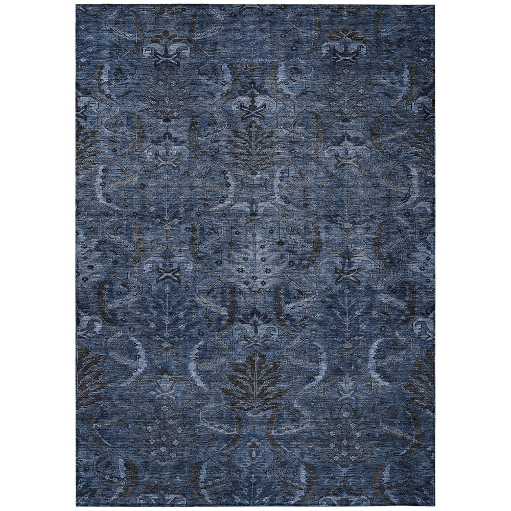 HomeRoots 5' Navy Blue and Charcoal Damask Washable Area Rug - Elegant Indoor/Outdoor Style for Any Space 10' X 14' 603328