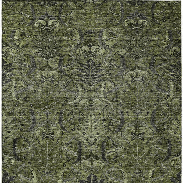 Homeroots 3' Artichoke Green Gray Tan Damask Washable Area Rug For Indoor And Outdoor Spaces, Durable Design 3' X 5' Polyester 603329