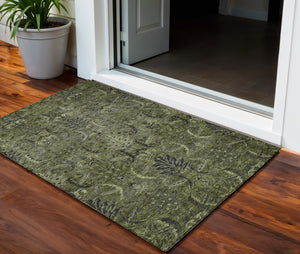 Homeroots 3' Artichoke Green Gray Tan Damask Washable Area Rug For Indoor And Outdoor Spaces, Durable Design 3' X 5' Polyester 603329