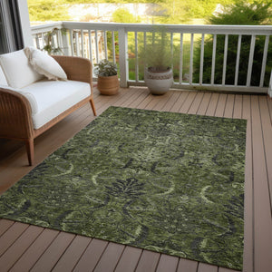Homeroots 3' Artichoke Green Gray Tan Damask Washable Area Rug For Indoor And Outdoor Spaces, Durable Design 3' X 5' Polyester 603329