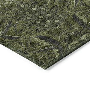 Homeroots 3' Artichoke Green Gray Tan Damask Washable Area Rug For Indoor And Outdoor Spaces, Durable Design 3' X 5' Polyester 603329