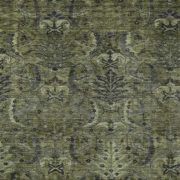 Homeroots 3' Artichoke Green Gray Tan Damask Washable Area Rug For Indoor And Outdoor Spaces, Durable Design 3' X 5' Polyester 603329