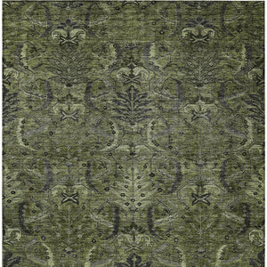 Homeroots 3' Artichoke Green Gray Tan Damask Washable Area Rug For Indoor And Outdoor Spaces, Durable Design 5' X 8' Polyester 603330