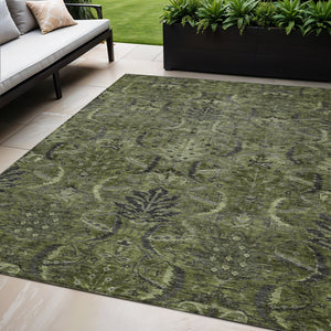 Homeroots 3' Artichoke Green Gray Tan Damask Washable Area Rug For Indoor And Outdoor Spaces, Durable Design 5' X 8' Polyester 603330