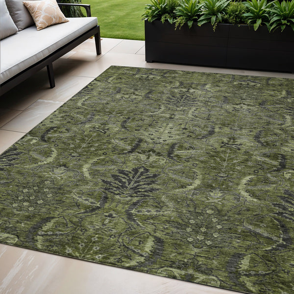 Homeroots 3' Artichoke Green Gray Tan Damask Washable Area Rug For Indoor And Outdoor Spaces, Durable Design 5' X 8' Polyester 603330