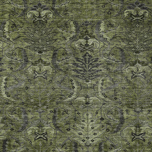 Homeroots 3' Artichoke Green Gray Tan Damask Washable Area Rug For Indoor And Outdoor Spaces, Durable Design 5' X 8' Polyester 603330