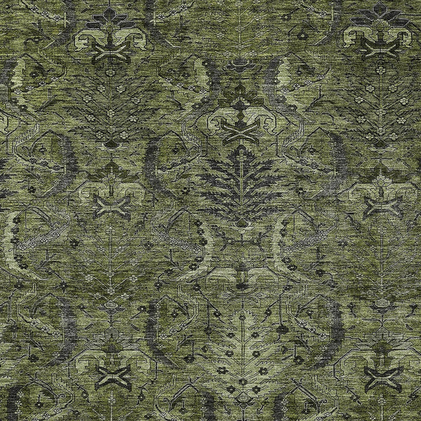 Homeroots 3' Artichoke Green Gray Tan Damask Washable Area Rug For Indoor And Outdoor Spaces, Durable Design 5' X 8' Polyester 603330
