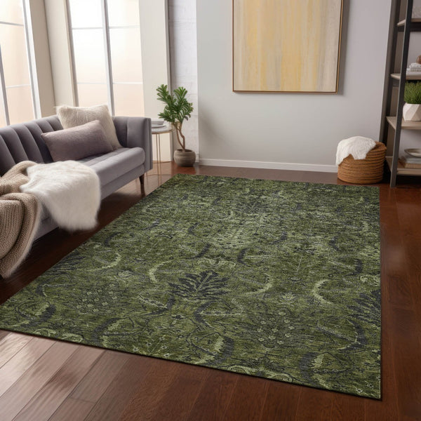 Homeroots 3' Artichoke Green Gray Tan Damask Washable Area Rug For Indoor And Outdoor Spaces, Durable Design 5' X 8' Polyester 603330