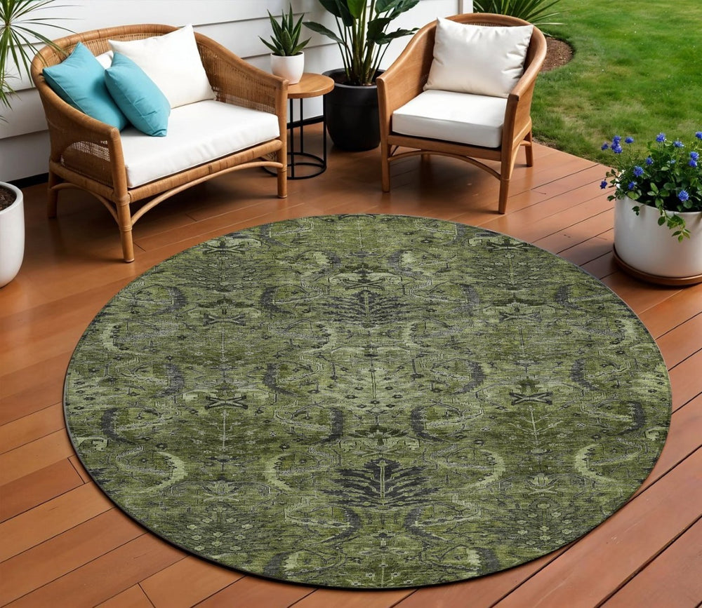 HomeRoots 5' Olive Green and Charcoal Damask Indoor Outdoor Area Rug - Stylish, Durable, Machine Washable Design 8' Round 603331