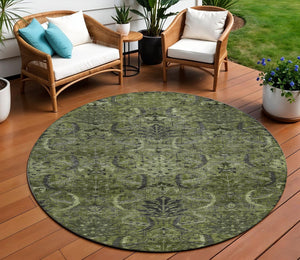Homeroots 3' Artichoke Green Gray Tan Damask Washable Area Rug For Indoor And Outdoor Spaces, Durable Design 8' Round Polyester 603331