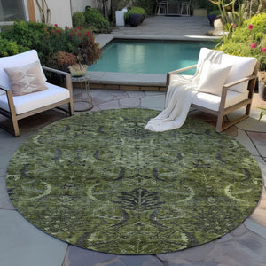 Homeroots 3' Artichoke Green Gray Tan Damask Washable Area Rug For Indoor And Outdoor Spaces, Durable Design 8' Round Polyester 603331