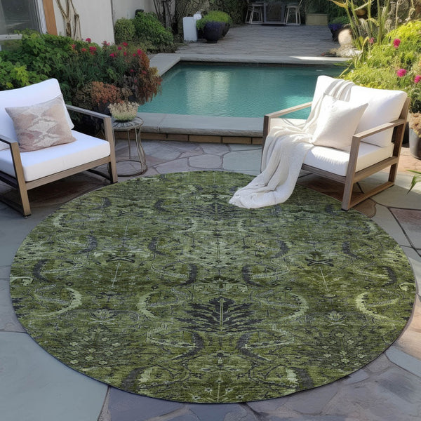 Homeroots 3' Artichoke Green Gray Tan Damask Washable Area Rug For Indoor And Outdoor Spaces, Durable Design 8' Round Polyester 603331