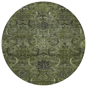 HomeRoots 5' Olive Green and Charcoal Damask Indoor Outdoor Area Rug - Stylish, Durable, Machine Washable Design 8' Round 603331
