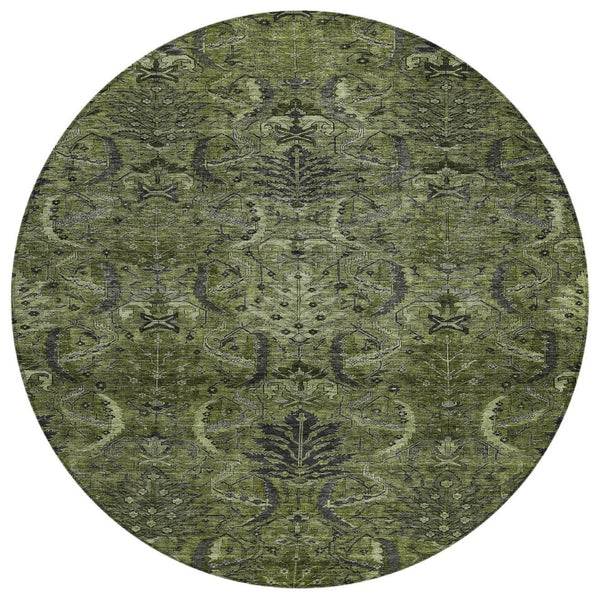 HomeRoots 5' Olive Green and Charcoal Damask Indoor Outdoor Area Rug - Stylish, Durable, Machine Washable Design 8' Round 603331