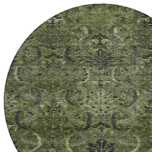 Homeroots 3' Artichoke Green Gray Tan Damask Washable Area Rug For Indoor And Outdoor Spaces, Durable Design 8' Round Polyester 603331