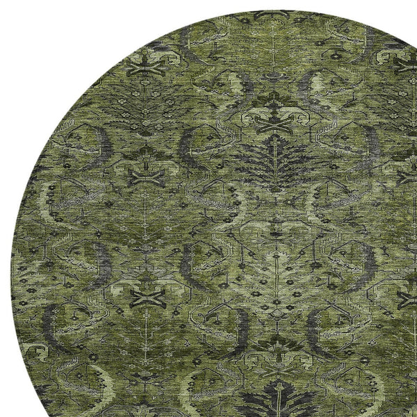 Homeroots 3' Artichoke Green Gray Tan Damask Washable Area Rug For Indoor And Outdoor Spaces, Durable Design 8' Round Polyester 603331