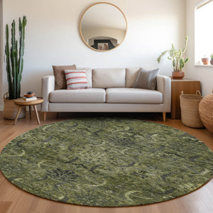 Homeroots 3' Artichoke Green Gray Tan Damask Washable Area Rug For Indoor And Outdoor Spaces, Durable Design 8' Round Polyester 603331