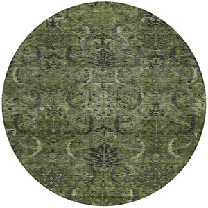 Homeroots 3' Artichoke Green Gray Tan Damask Washable Area Rug For Indoor And Outdoor Spaces, Durable Design 8' Round Polyester 603331