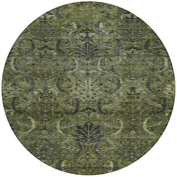 Homeroots 3' Artichoke Green Gray Tan Damask Washable Area Rug For Indoor And Outdoor Spaces, Durable Design 8' Round Polyester 603331