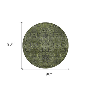 Homeroots 3' Artichoke Green Gray Tan Damask Washable Area Rug For Indoor And Outdoor Spaces, Durable Design 8' Round Polyester 603331