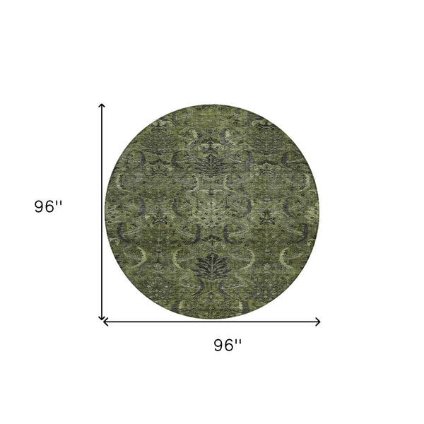 Homeroots 3' Artichoke Green Gray Tan Damask Washable Area Rug For Indoor And Outdoor Spaces, Durable Design 8' Round Polyester 603331