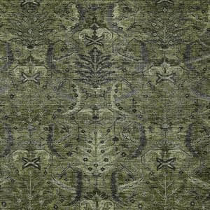 Homeroots 3' Artichoke Green Gray Tan Damask Washable Area Rug For Indoor And Outdoor Spaces, Durable Design 8' X 10' Polyester 603332