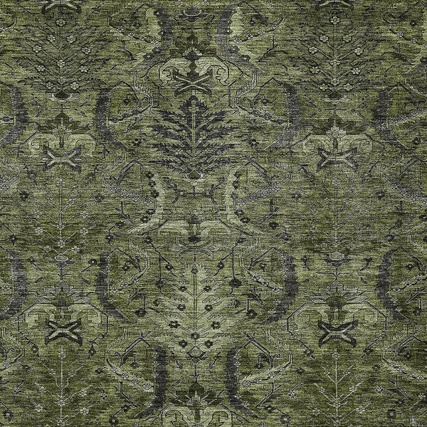 Homeroots 3' Artichoke Green Gray Tan Damask Washable Area Rug For Indoor And Outdoor Spaces, Durable Design 8' X 10' Polyester 603332