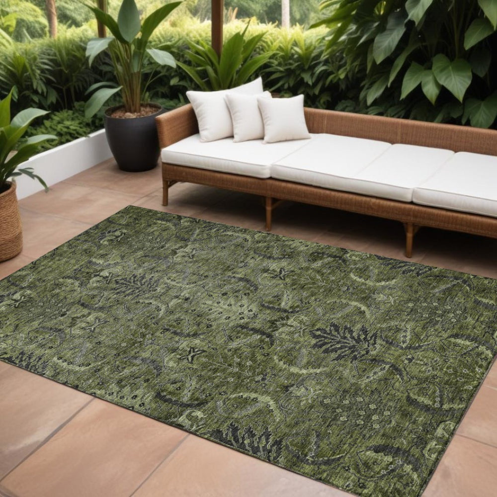 HomeRoots 9' X 12' Olive Green and Charcoal Damask Rug - Stylish, Washable, Indoor/Outdoor, Durable Design! 603333