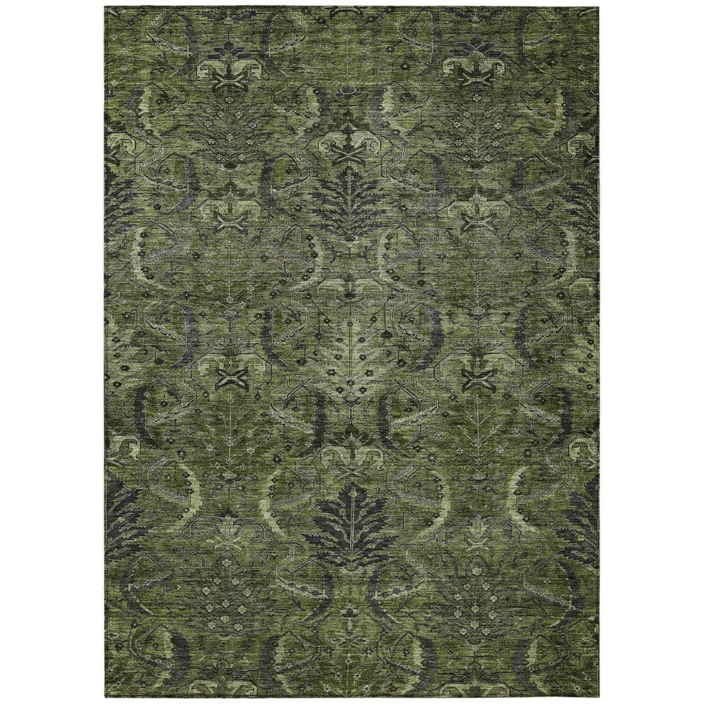 HomeRoots 9' X 12' Olive Green and Charcoal Damask Rug - Stylish, Washable, Indoor/Outdoor, Durable Design! 603333