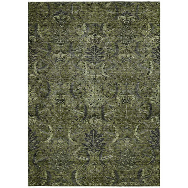 Homeroots 3' Artichoke Green Gray Tan Damask Washable Area Rug For Indoor And Outdoor Spaces, Durable Design 9' X 12' Polyester 603333