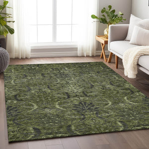 Homeroots 3' Artichoke Green Gray Tan Damask Washable Area Rug For Indoor And Outdoor Spaces, Durable Design 9' X 12' Polyester 603333