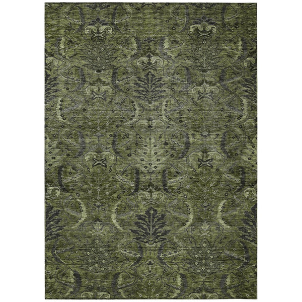 HomeRoots 5' Olive Green and Charcoal Damask Indoor Outdoor Area Rug - Stylish, Durable, Machine Washable Design 10' X 14' 603334