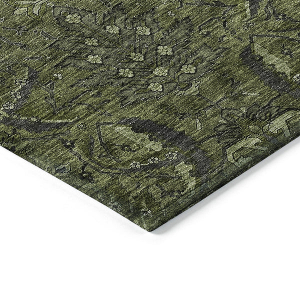Homeroots 3' Artichoke Green Gray Tan Damask Washable Area Rug For Indoor And Outdoor Spaces, Durable Design 10' X 14' Polyester 603334