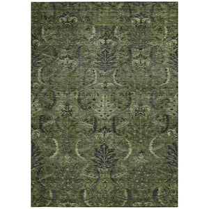 Homeroots 3' Artichoke Green Gray Tan Damask Washable Area Rug For Indoor And Outdoor Spaces, Durable Design 10' X 14' Polyester 603334