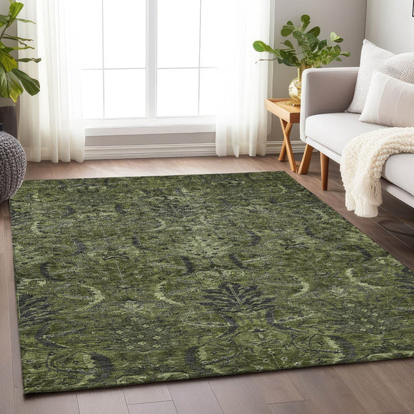 Homeroots 3' Artichoke Green Gray Tan Damask Washable Area Rug For Indoor And Outdoor Spaces, Durable Design 10' X 14' Polyester 603334