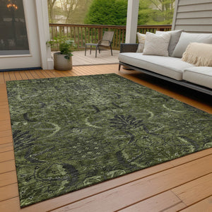 Homeroots 3' Artichoke Green Gray Tan Damask Washable Area Rug For Indoor And Outdoor Spaces, Durable Design 10' X 14' Polyester 603334