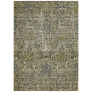 Homeroots 3' Artichoke Green Gray Tan Damask Washable Area Rug For Indoor And Outdoor Spaces, Durable Design 3' X 5' Polyester 603335