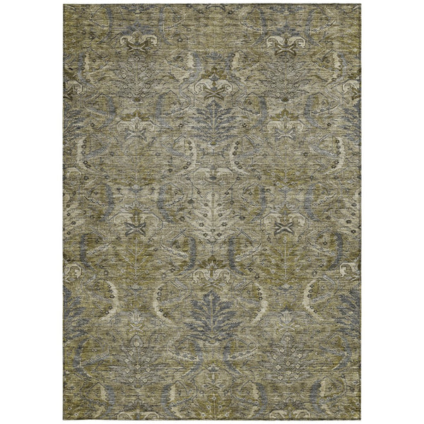 Homeroots 3' Artichoke Green Gray Tan Damask Washable Area Rug For Indoor And Outdoor Spaces, Durable Design 3' X 5' Polyester 603335