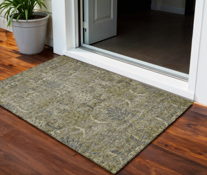 Homeroots 3' Artichoke Green Gray Tan Damask Washable Area Rug For Indoor And Outdoor Spaces, Durable Design 3' X 5' Polyester 603335