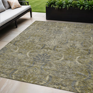 Homeroots 3' Artichoke Green Gray Tan Damask Washable Area Rug For Indoor And Outdoor Spaces, Durable Design 5' X 8' Polyester 603336