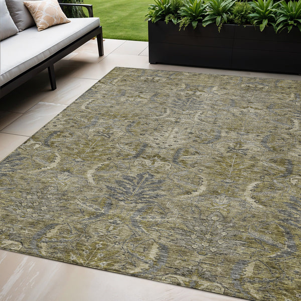 Homeroots 3' Artichoke Green Gray Tan Damask Washable Area Rug For Indoor And Outdoor Spaces, Durable Design 5' X 8' Polyester 603336