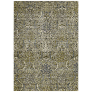 Homeroots 3' Artichoke Green Gray Tan Damask Washable Area Rug For Indoor And Outdoor Spaces, Durable Design 5' X 8' Polyester 603336