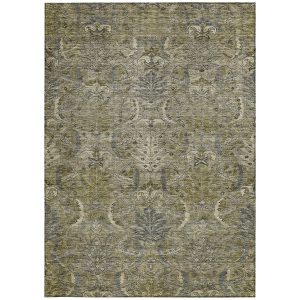 Homeroots 3' Artichoke Green Gray Tan Damask Washable Area Rug For Indoor And Outdoor Spaces, Durable Design 5' X 8' Polyester 603336