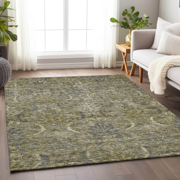 Homeroots 3' Artichoke Green Gray Tan Damask Washable Area Rug For Indoor And Outdoor Spaces, Durable Design 5' X 8' Polyester 603336