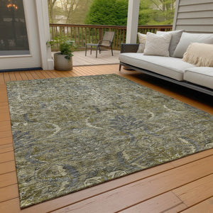 Homeroots 3' Artichoke Green Gray Tan Damask Washable Area Rug For Indoor And Outdoor Spaces, Durable Design 5' X 8' Polyester 603336