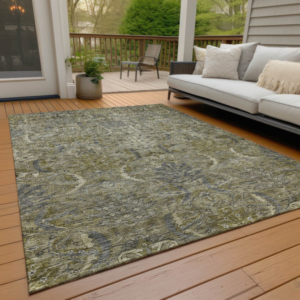 Homeroots 3' Artichoke Green Gray Tan Damask Washable Area Rug For Indoor And Outdoor Spaces, Durable Design 5' X 8' Polyester 603336