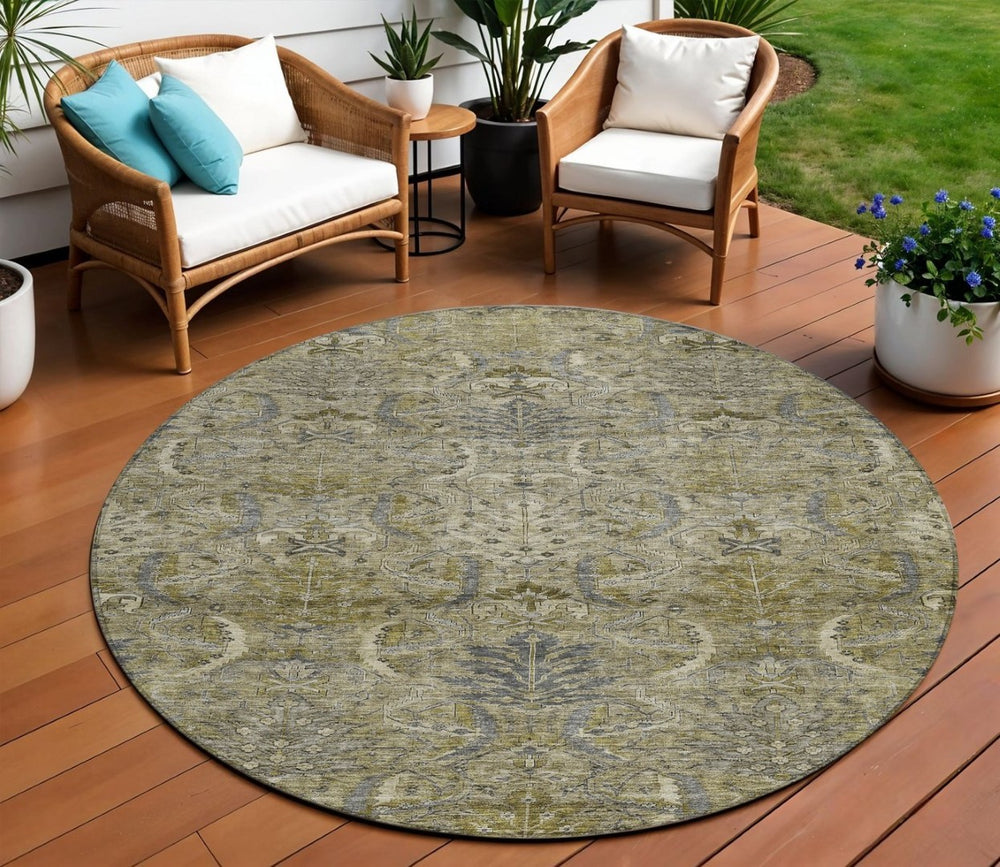 HomeRoots 5' Elegant Taupe and Gray Damask Washable Area Rug for Indoor and Outdoor High-Traffic Spaces 8' Round 603337