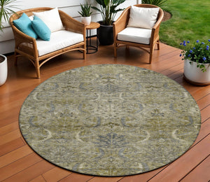 Homeroots 3' Artichoke Green Gray Tan Damask Washable Area Rug For Indoor And Outdoor Spaces, Durable Design 8' Round Polyester 603337